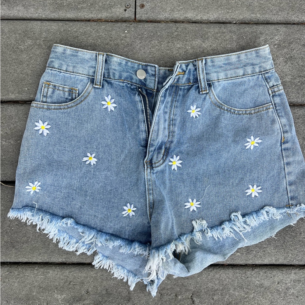 SHEIN Blue Floral Embroidered Jean Shorts